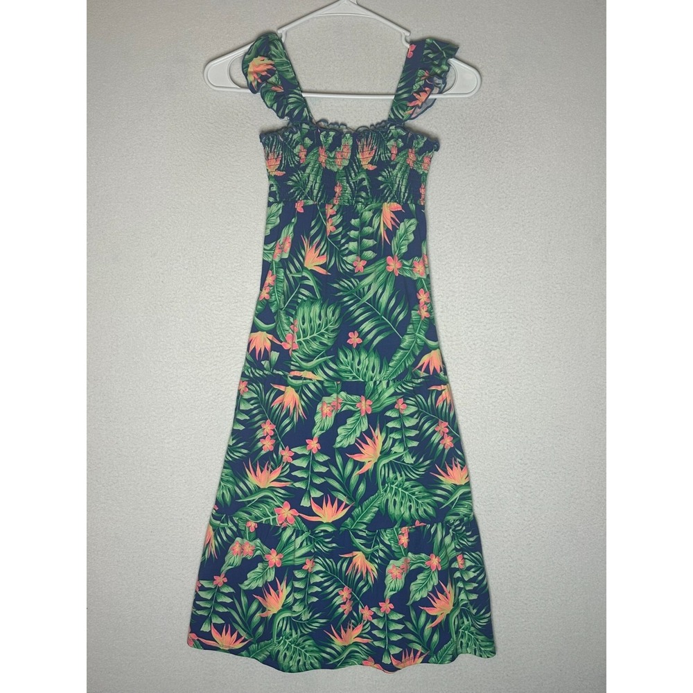 Wonder Nation Girls Medium 7-8 Navy Green Tropical Floral Smocked Maxi Dress